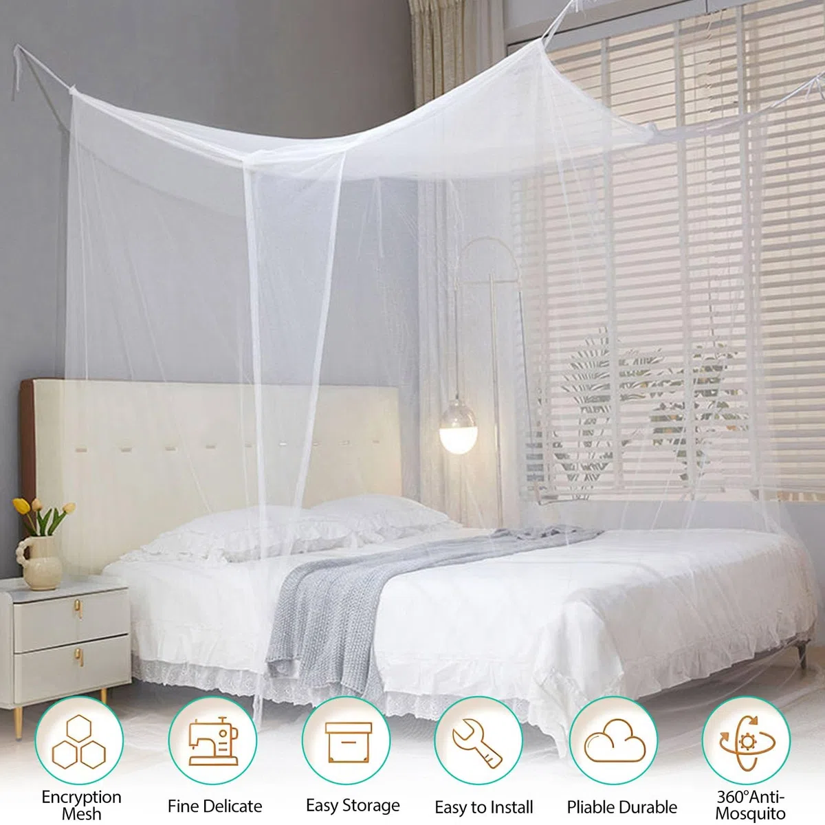 Mosquitera Cama Matrimonio Individual,Grande Dosel Cama Mosquitero,Mosquito Net for Bed Dosel con Kit de Montaje,Blanco Portátil Poliéster Malla Fina Mosquitera Viajes para y Hogar 200x180 x165cm
