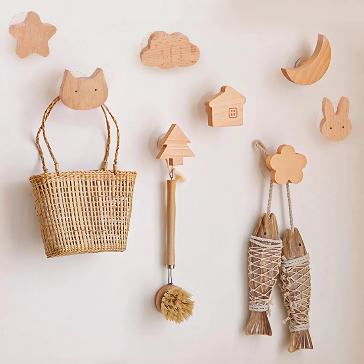 8 Piezas Perchero Infantil Pared, Percheros Pared Madera Individuales, Ganchos Adhesivos de Madera Decorativos, Ganchos de Madera para Bolsos,Colgar,Habitación Infantil,Gorros