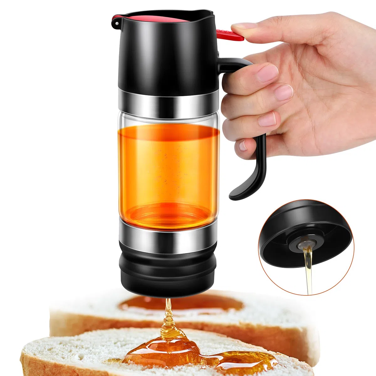Dispensador de miel de vidrio, tarro a prueba de goteo con mango, dispensador de jarabe tipo prensa, vidrio sellado, 9 oz (266 ml)