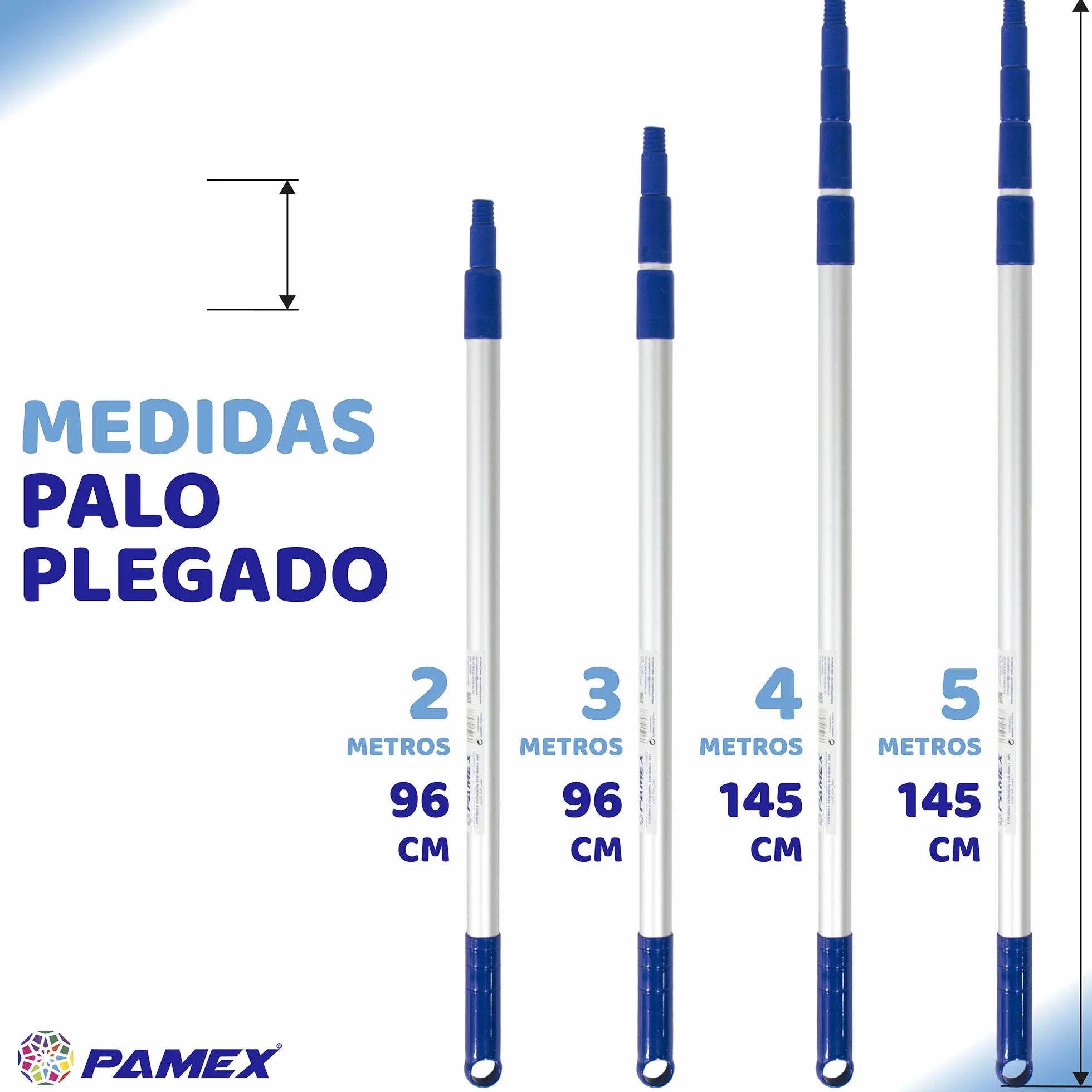 PAMEX Mango Extensible 4 metros. Mango Extensible Telescópico Profesional Aluminio. Alargador Extensible con Rosca. Resistente a la corrosión y el desgaste