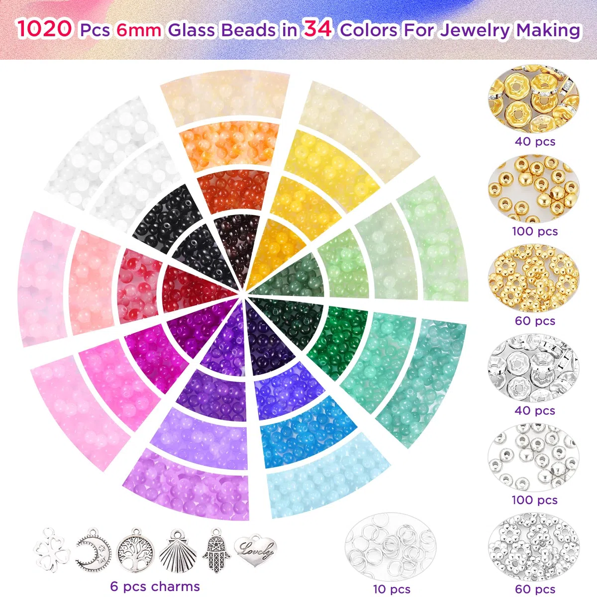 Funtopia Abalorios para Hacer Pulseras, 34 colores 1400 Pizas de 6mm Cuentas Redondas de Cristal para Pulseras, Kit de DIY Manualidad Fabricación con Caja y Dijes