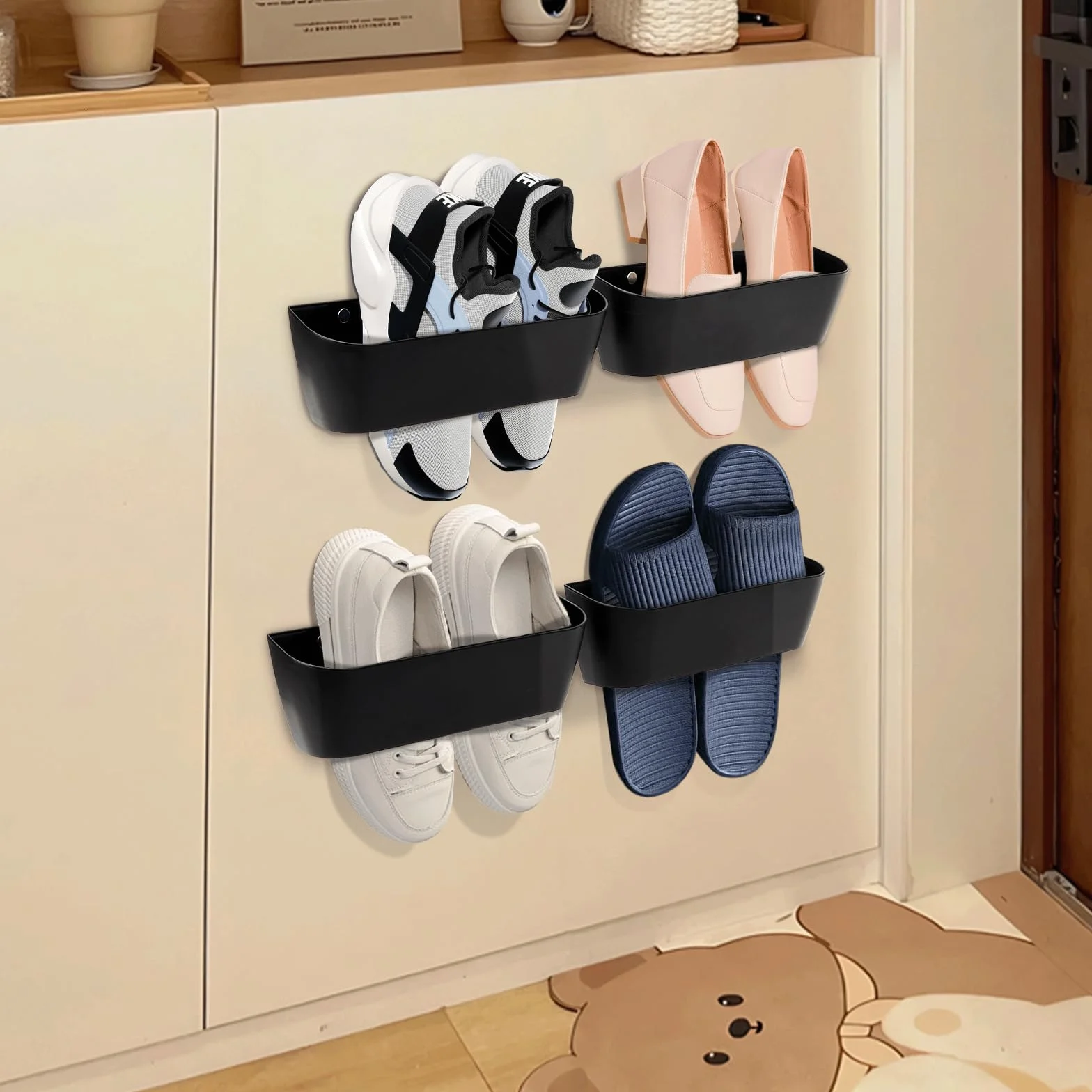 Zapatero Puerta Caravana, Zapatero Pared Zapatillas Estante Paquete Zapatero de Pared Ganchos Autoadhesivos o para Taladrar Zapatero Colgar Pequeño para Autocaravana, Camping, Baño, Salón (4 Piezas)
