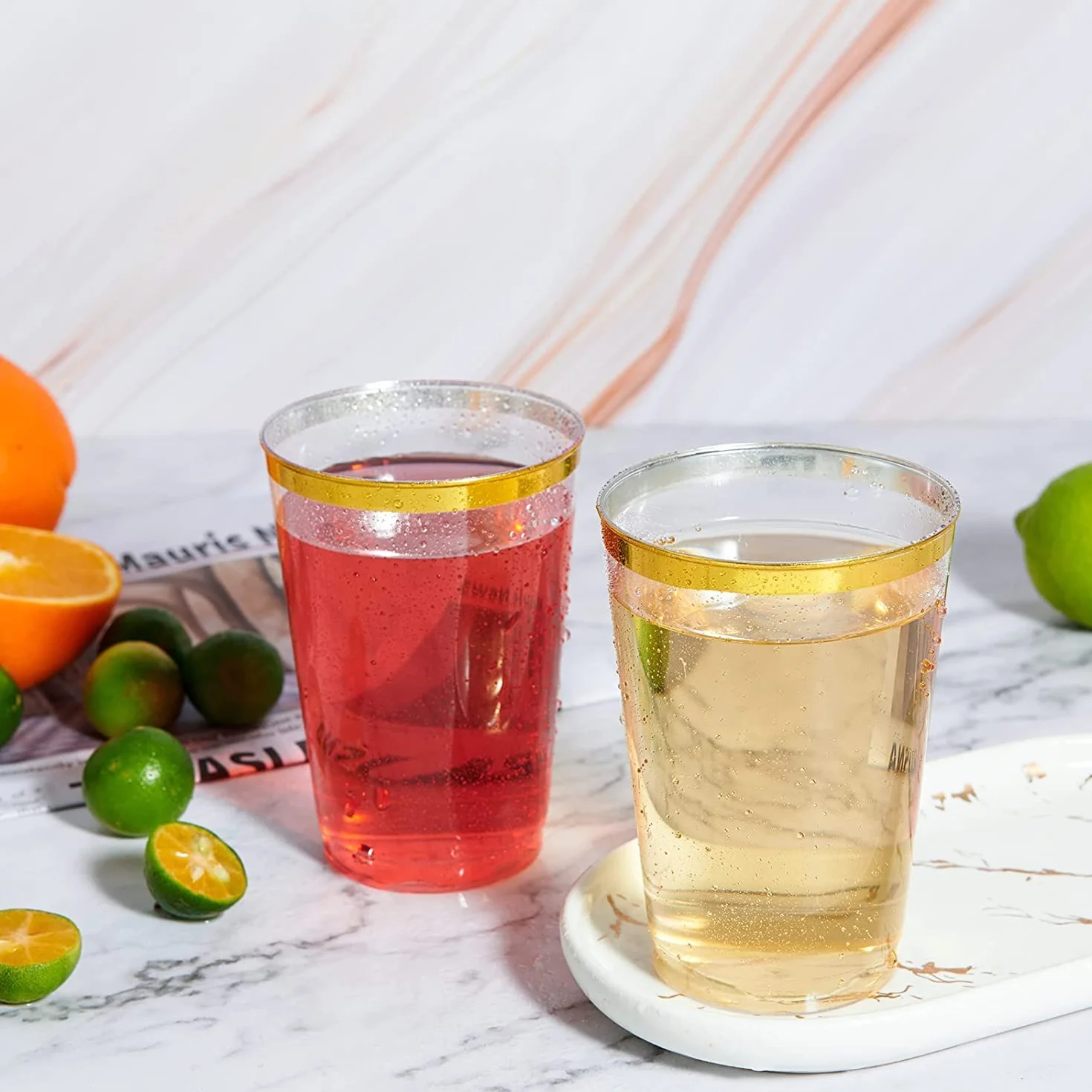 LATERN 50 Piezas Vasos de Plástico con Borde de Dorado, 360ml Plasticos Vasos de Bebida Reutilizables Copas de Vino Elegantes para Fiestas para Champán Cerveza Cóctel Martini Soda (10,5 x 7,5cm)
