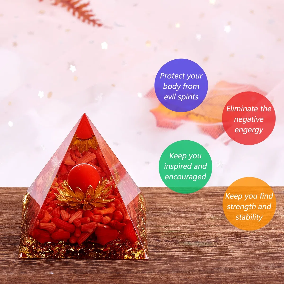 BEEFLYING Pirámide de orgón Protectora de Cristal pequeño para sanación, Reiki, energía Positiva, meditación de Chakras, Salud, Suerte, decoración antiestrés, Rojo