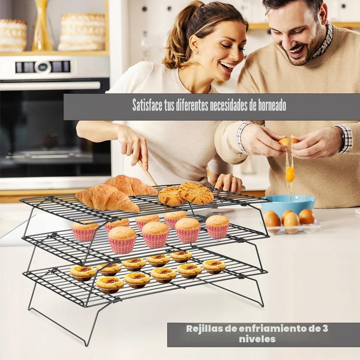 Rejilla Horno de Enfriamiento 3 Niveles, 40×25cm Accesorios de Cocina para Hhornear, Rejillas de Alambre de Pastel para Muffin, Pizza y Parrilla, Compatible con Bandeja de Horno Bakeware
