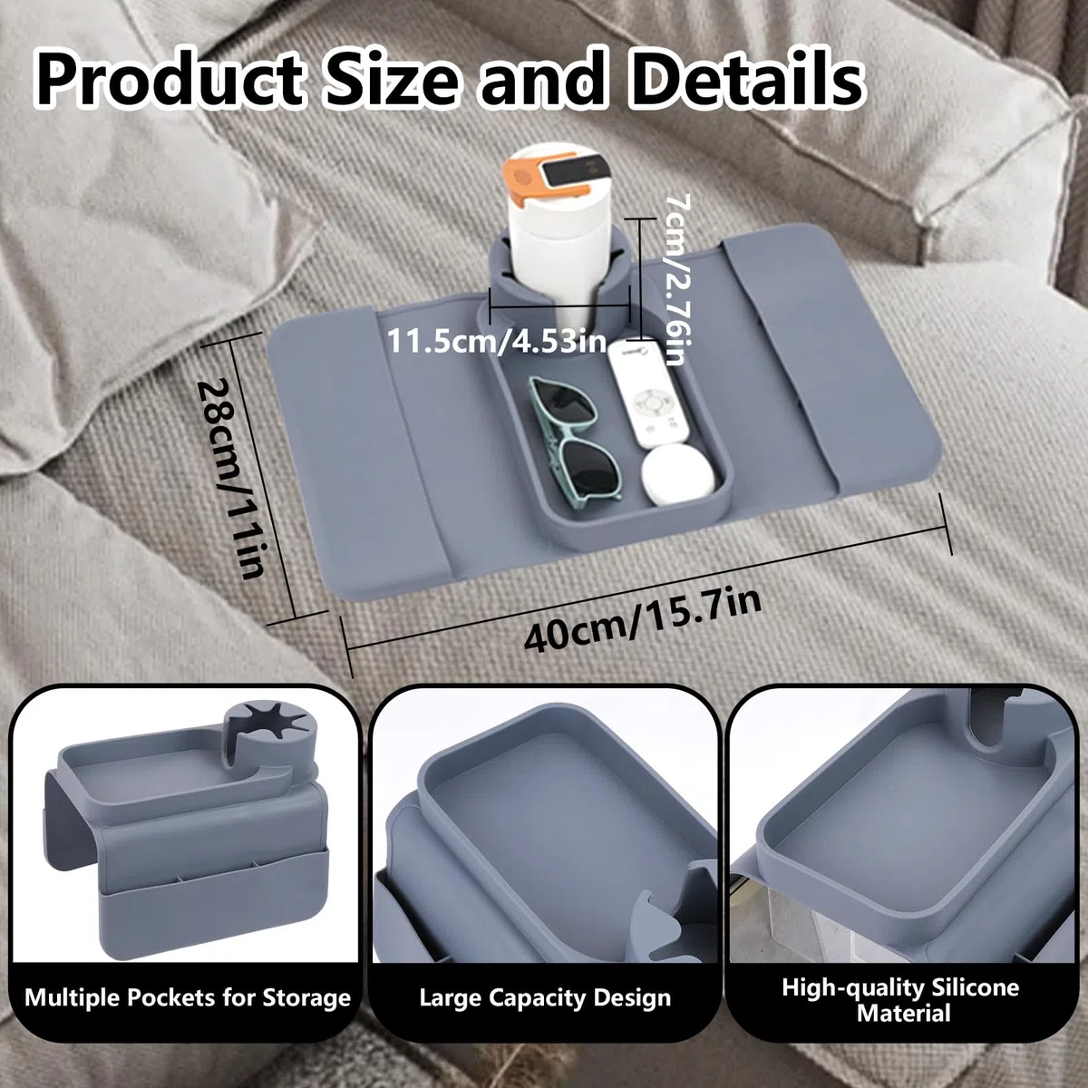 Bandeja para sofá con reposabrazos con soporte para bebidas, bandeja antideslizante para sofá con dos bolsillos laterales y soporte para teléfono, plegable de silicona, organizador de sofá