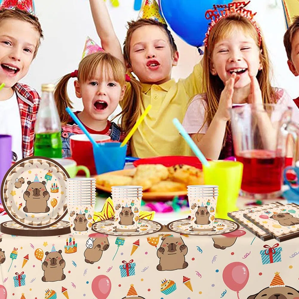 61 Pcs Juego de Vajilla para Fiesta Capybara, Dibujos Animados Vajilla Fiesta, Con Juego de Papel Platos, Manteles Accesorios de Vajilla para Fiestas Infantiles para 20 personas (A)
