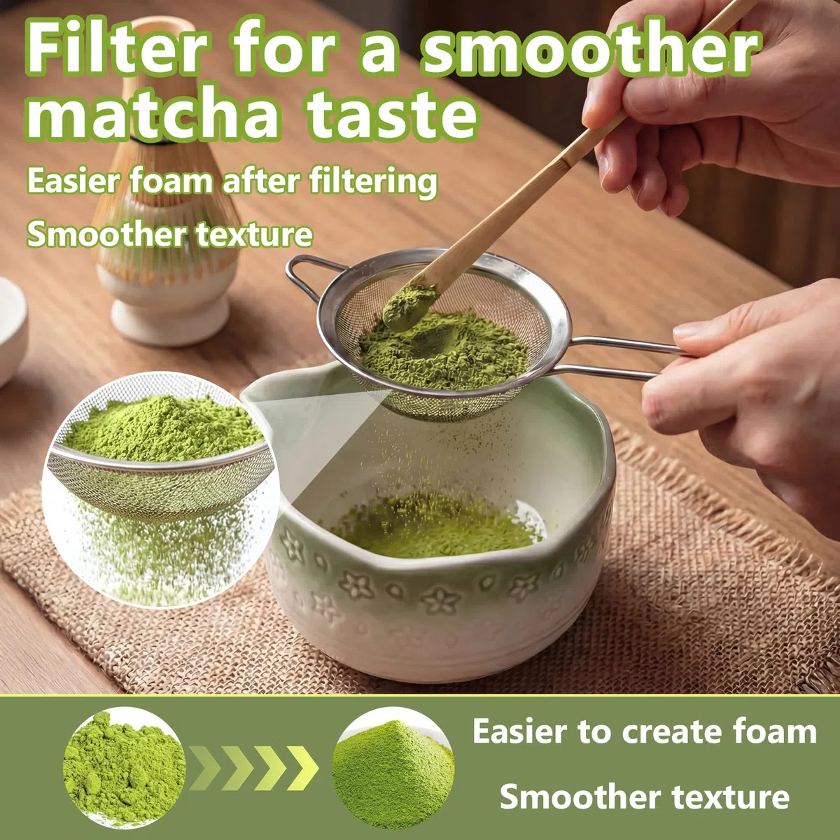 Matcha Kit 8 piezas, Kit Té Matcha Con diseño de sakura, Cuenco Matcha, Batidor Matcha, Cuchara, Tamiz, Soporte para Batidor, Kit Matcha Completo Regalo para Amantes el Matcha(Gradiente Verde)
