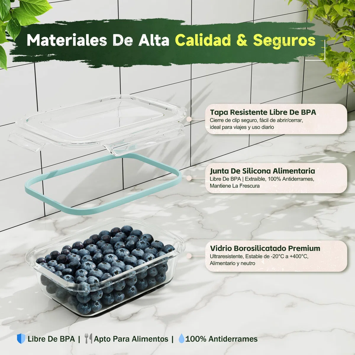Recipientes Herméticos de Cristal 4 Piezas – Fiambreras de Vidrio con Tapa – 1040ml/640ml/370ml/180ml – Apto Microondas, Horno, Congelador – Sin BPA – Almacenamiento de Comida