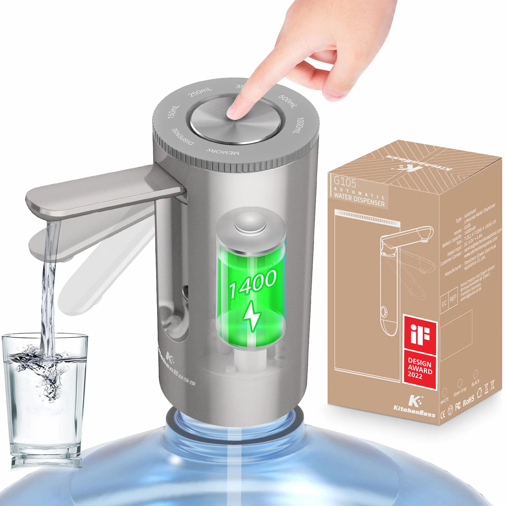 KitchenBoss Dispensador de Agua Eléctrico Portátil Carga USB-C para Botellas 3.8-18.9L Gris