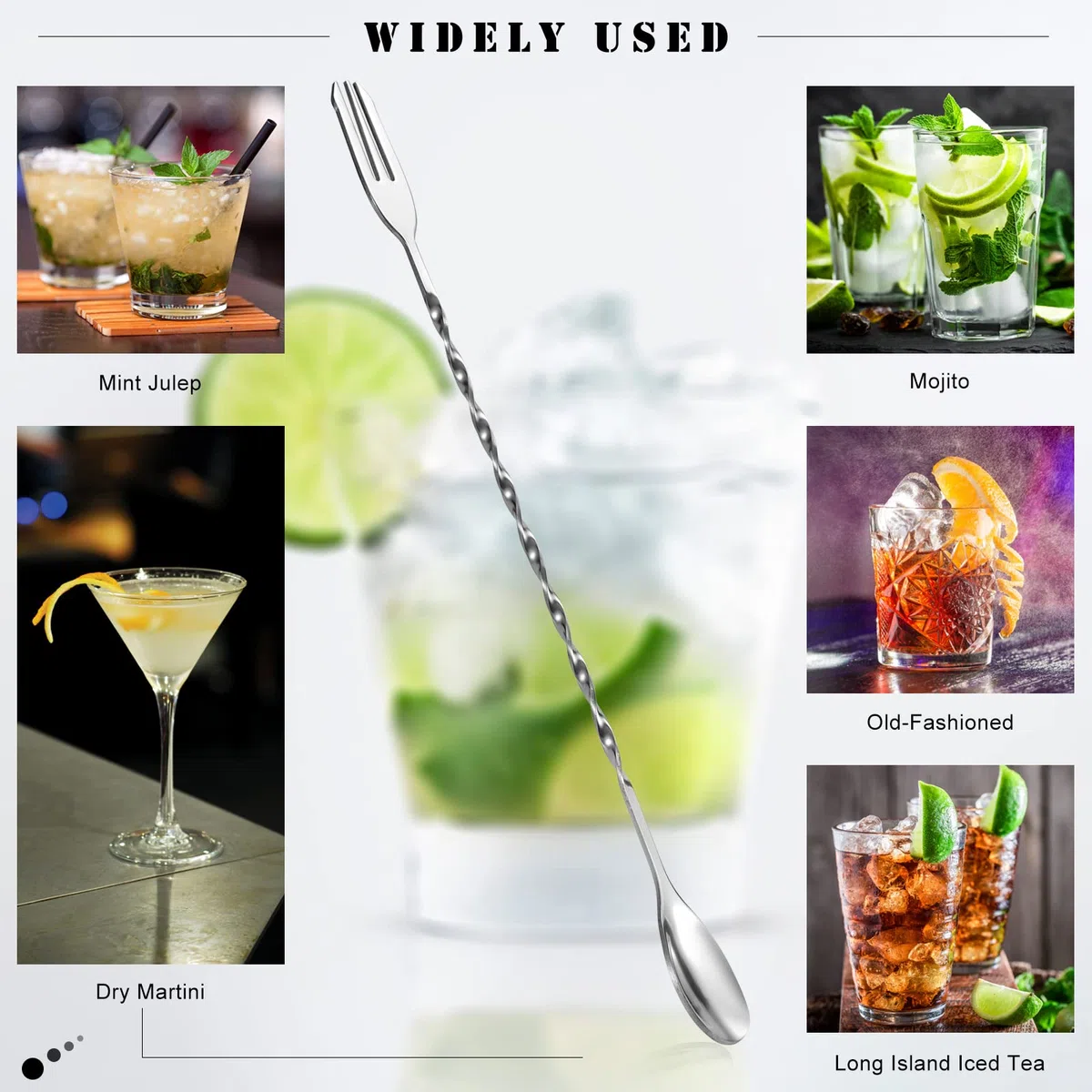 6 Piezas Cucharas de Cóctel de Acero Inoxidable con Mango Largo en Espiral, Tridente Para Bar y Cóctel 32cm (Plata)