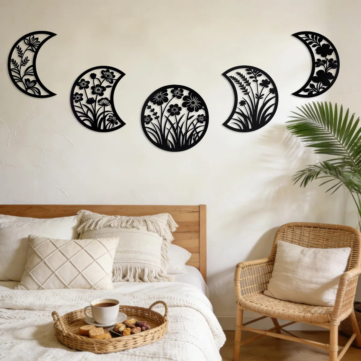 Larber 5PCS Metal Negro Fase de la Luna Muro Decoración 18-25CM Fase de la Luna con Siluetas Florales y de Hierbas Boho Arte Estético Lunar para Dormitorio Regalo Baño Restaurante Pared