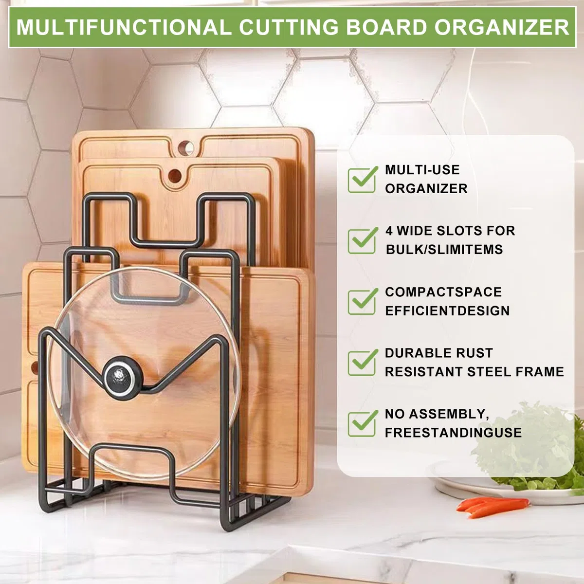 Soporte Bandejas Cocina Soporte Tabla Cocina con 4 Compartimentos,Organizador De Tabla De Cortar De Metal para tapas De Ollas, Espátulas, Platos, Bandejas para Hornear