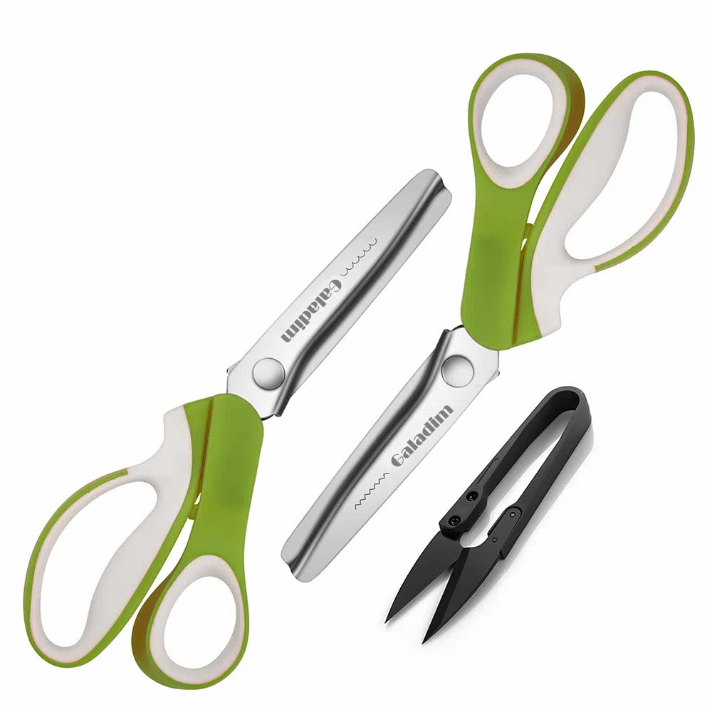 Juego de 2 tijeras para coser (2 unidades, bordes dentados y festoneados) – Tijeras de agarre suave en zigzag para tela de cuero – Tijeras para coser – GD-012-9