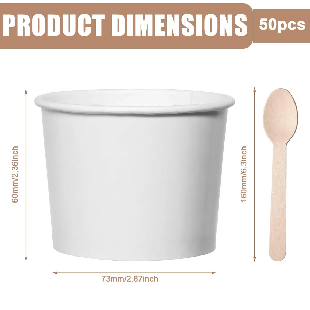 50 vasos de helado universales ecológicos de cartón, 240 ml, de papel, con 50 cucharas, helados de cartón, vasos compostables, vasos de papel para helados, yogur, comida con dedos, color blanco