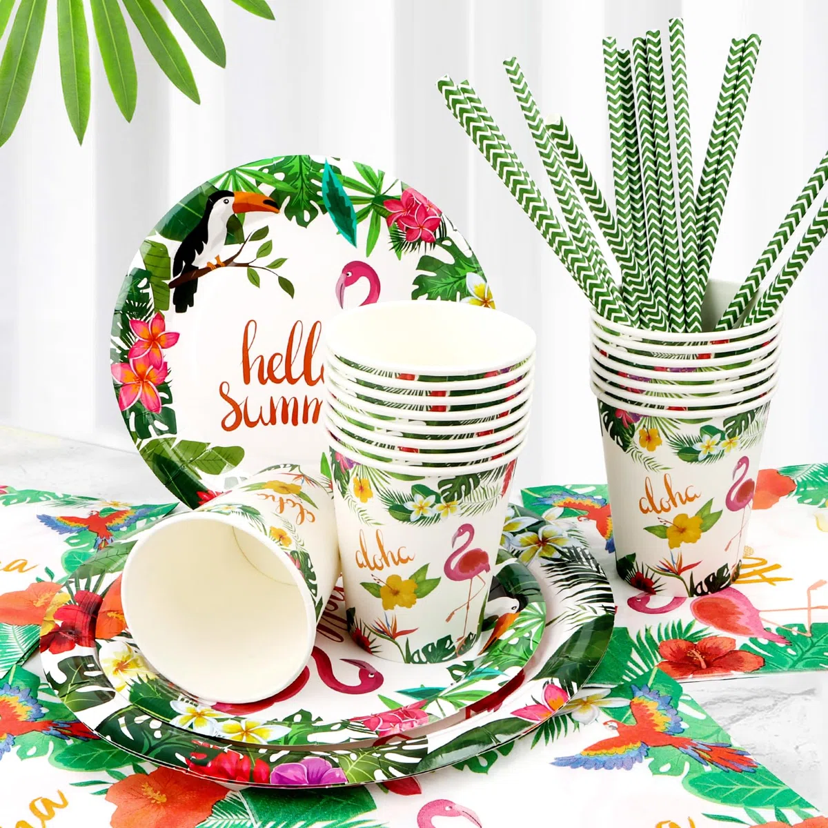 Aloha - Juego de 81 vajilla de fiesta hawaiana, decoración de cumpleaños, platos y vasos de cartón, toallas, diseño de verano, decoración para niños y niñas