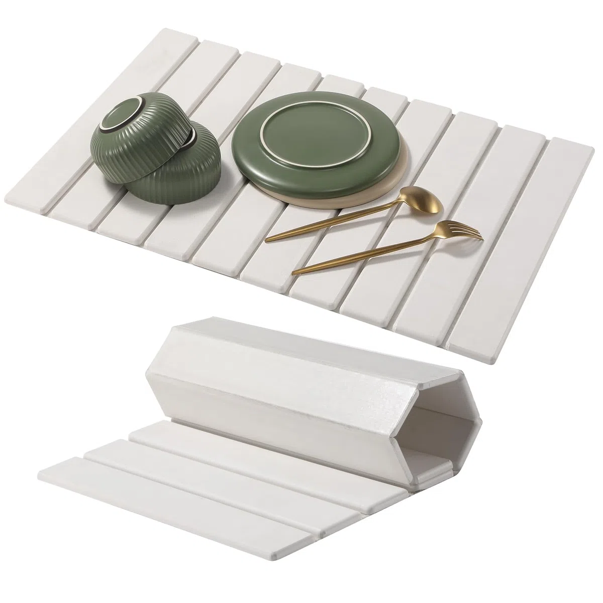 Alfombrilla de goteo para platos, 60 x 40 cm, alfombrilla de tierra de diatomeas que absorbe el agua, para cocina, plegable, para fregadero, cafetera, de secado rápido, para vajilla y tazas (blanco,