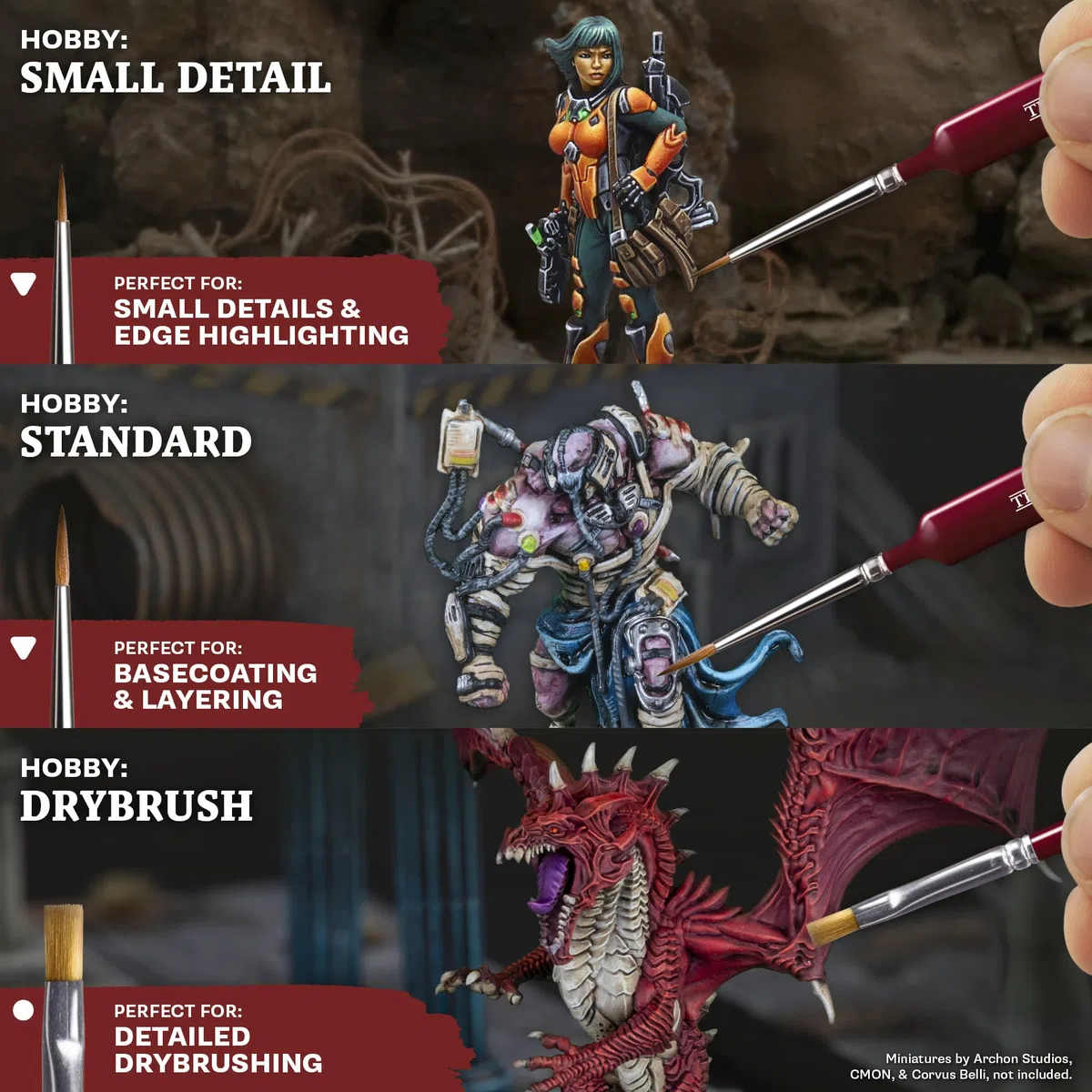 The Army Painter, Hobby Starter Brush Set, 3 Pinceles para Pintura Acrílica, incluye Drybrush, Pincel de Detalle Pequeño y Estándar, Pincel de Punta Fina para Miniaturas de Fantasía
