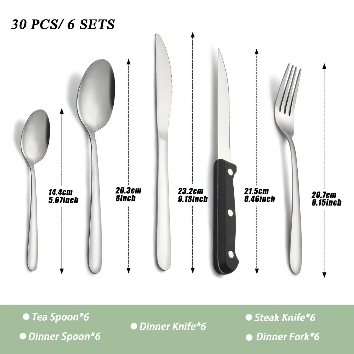 Cubiertos, Pleafind 30 piezas juego de cubiertos para 6 personas, cuberteria acero inoxidable, cuberteria plateados que incluyen cuchara, cuchillo, tenedor,cuchillo de carne, apto para lavavajillas