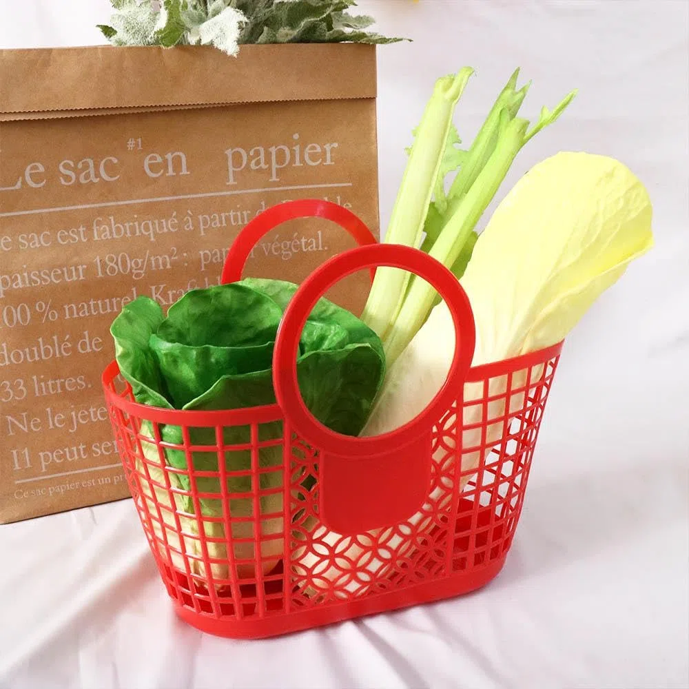 Cestas de compras huecas, bolsos de playa reutilizables, bolso de playa de plástico de color, cesta de almacenamiento de verduras portátil, cesta de baño y ducha (amarilla)