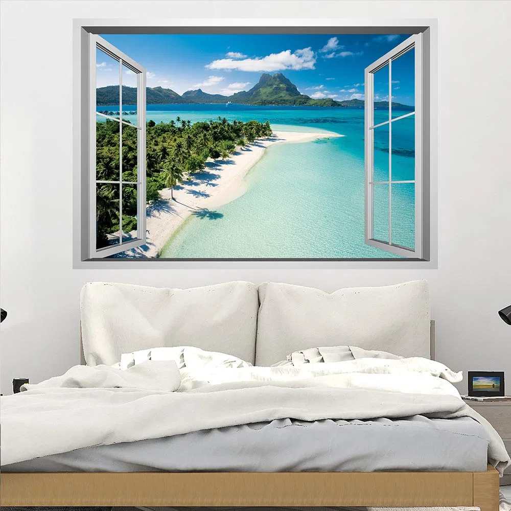Lichi Pegatina de Pared 3D de Ventana Falsa de Escena de Playa en Isla, Vinilo Decorativo para Decoración del Hogar
