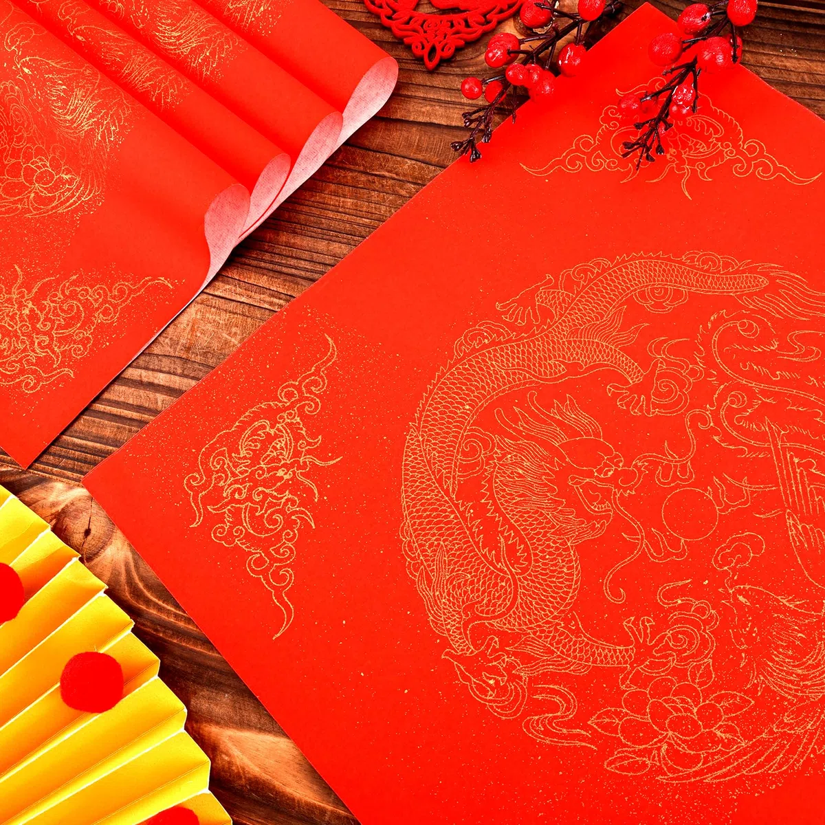 20 Piezas de Papel Rojo Chino, Papel Xuan Rojo Papel Rojo de Caligrafía China Papel de Arroz Rojo Cuadrado Papel de Copla Chino para Decoración de Año Nuevo Chino