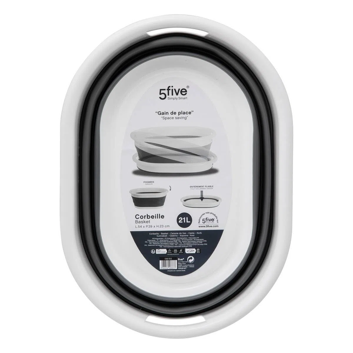 5 five simply smart 5five - Cesto de Ropa Plegable de 21 l - 2 Asas - Cesto retráctil - Gran Capacidad - Gris y Blanco