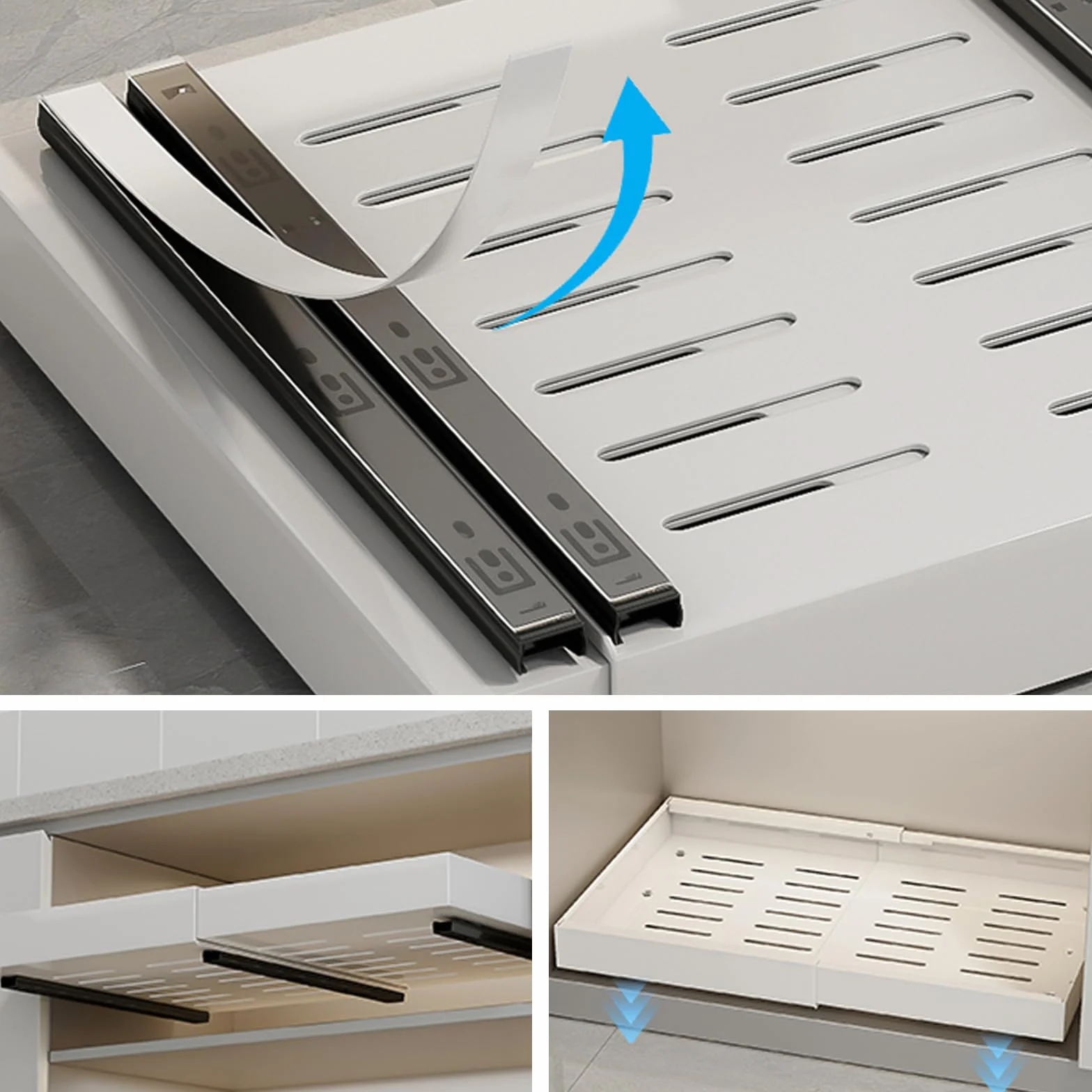 Cajón Telescópico Cajones Extraíbles Para Armario Acero al Carbono Organizadores Bajo Fregadero No Requiere Taladrar ni Clavar de Cocina, Despensa, Baño (Blanco, 1pieza)