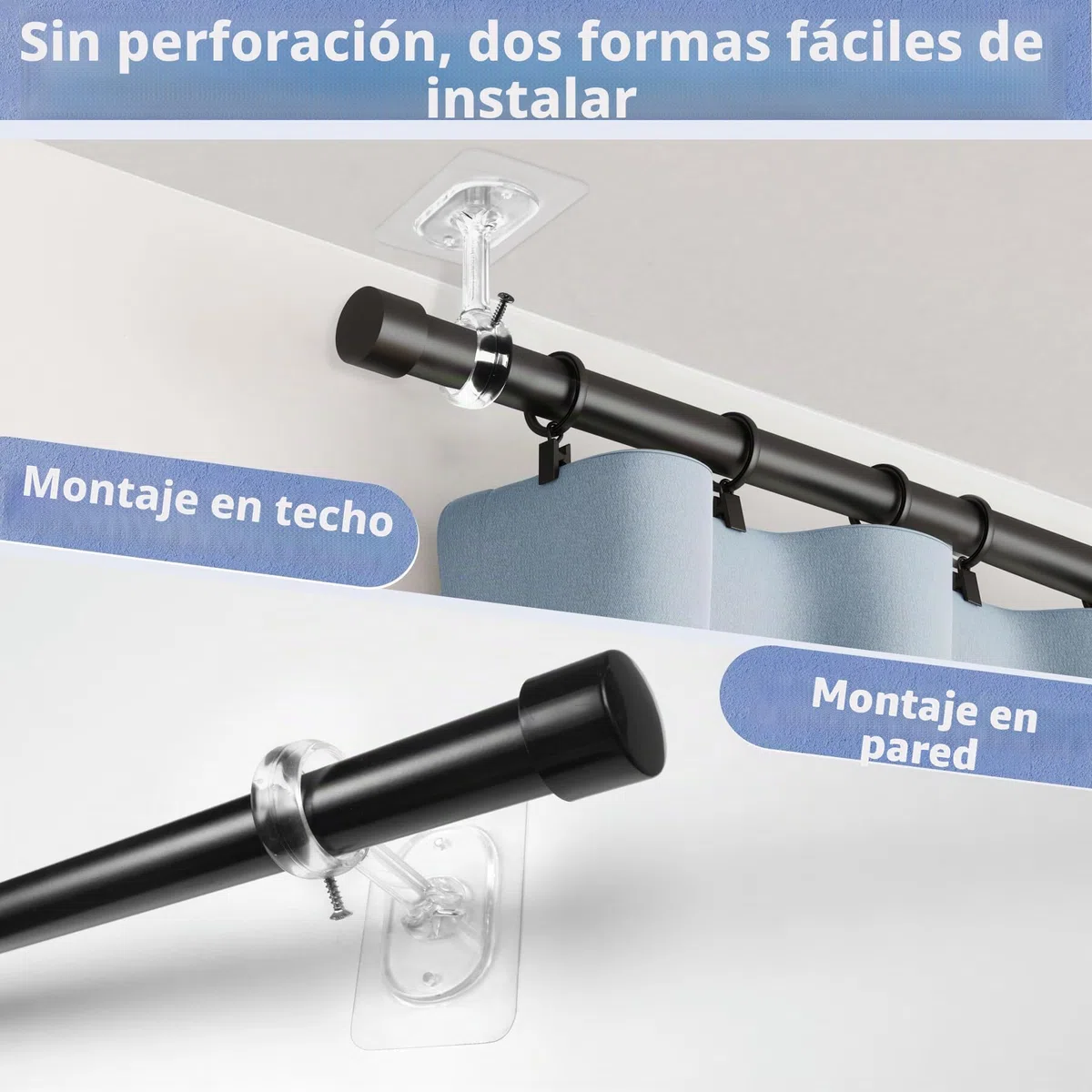 Soportes Ajustables para Barra Cortina de Techo & Pared, 32 mm Diámetro, Montaje Sin Taladro con Tornillos - Ideal para Duchas, Cocina y Armarios (6 Piezas, Transparente)
