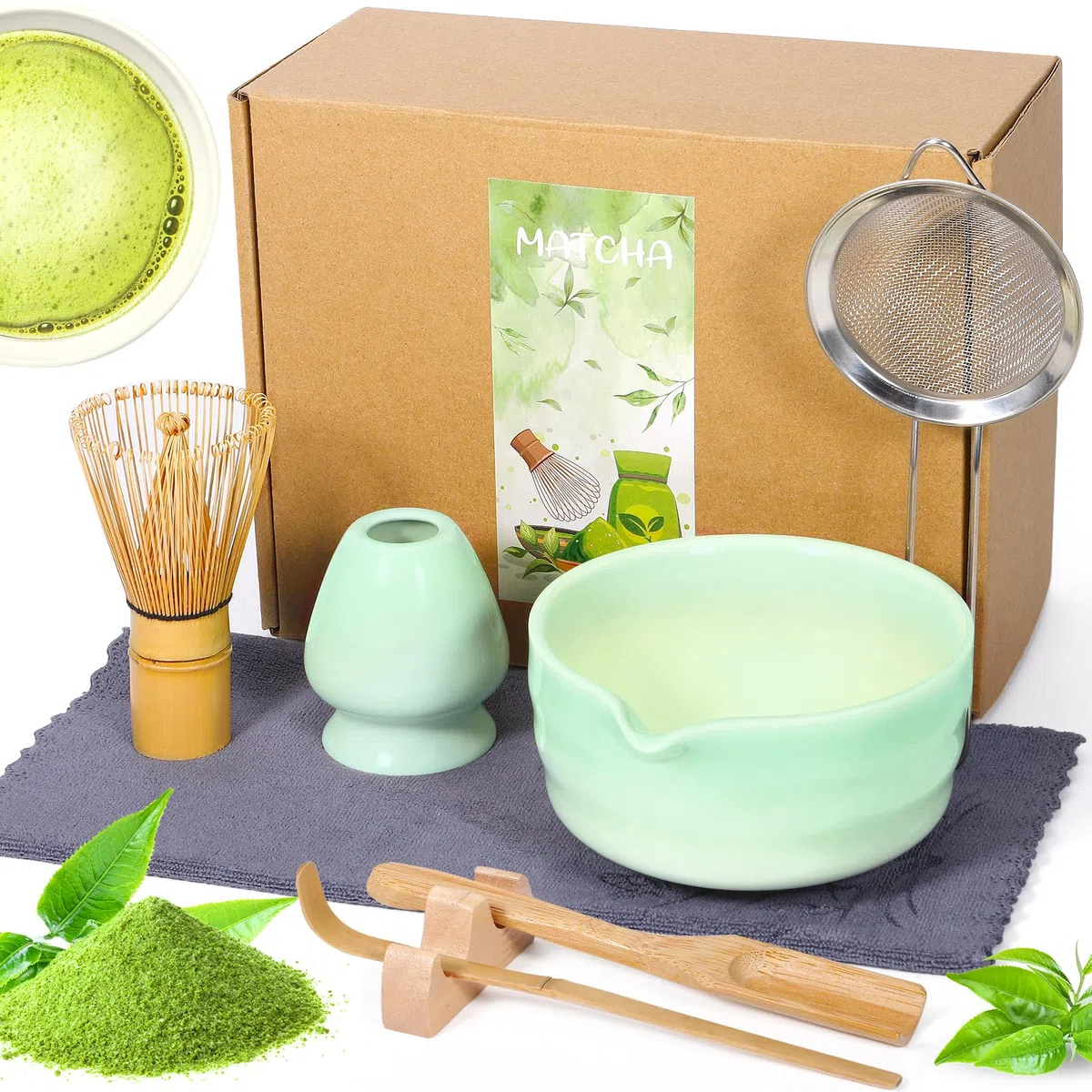 Kit Matcha 8 Piezas | Bol Cerámica Degradado con Pico Vertedor Lavable en Lavavajillas | Chasen 100 Cerdas Bambú | Ceremonia Té Japonés Matcha Latte | Regalo Principiante Verde