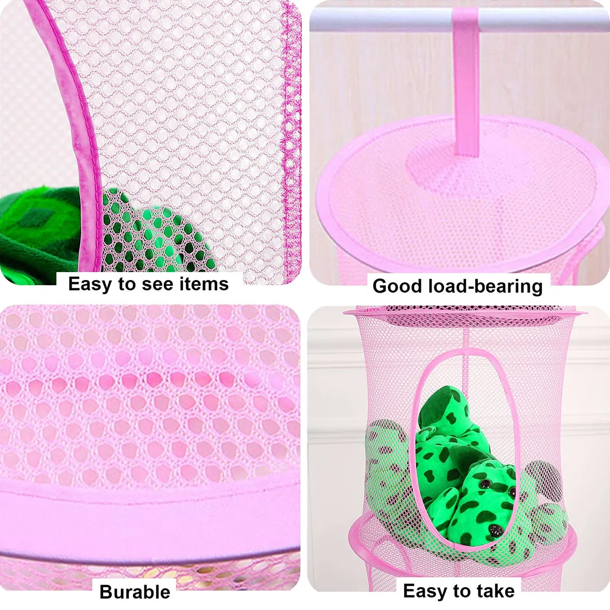LIVEHITOP 3PC Red de Almacenamiento Colgante, Cesta de Almacenamiento Plegable de 4 Niveles para Ahorrar Espacio para Habitación de Niños, Baño, Balcón (Pink, Rosa, Púrpura)