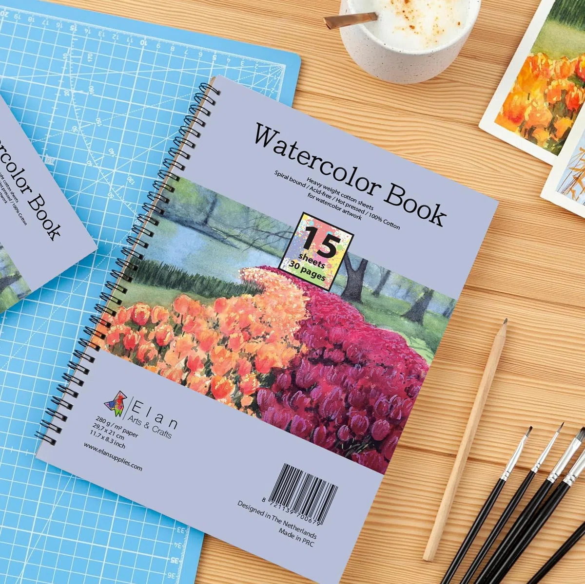 Elan cuaderno de bocetos de acuarela A4, 15 hojas/30 páginas de 280 g/m², papel de acuarela 100% algodón, encuadernado en espiral