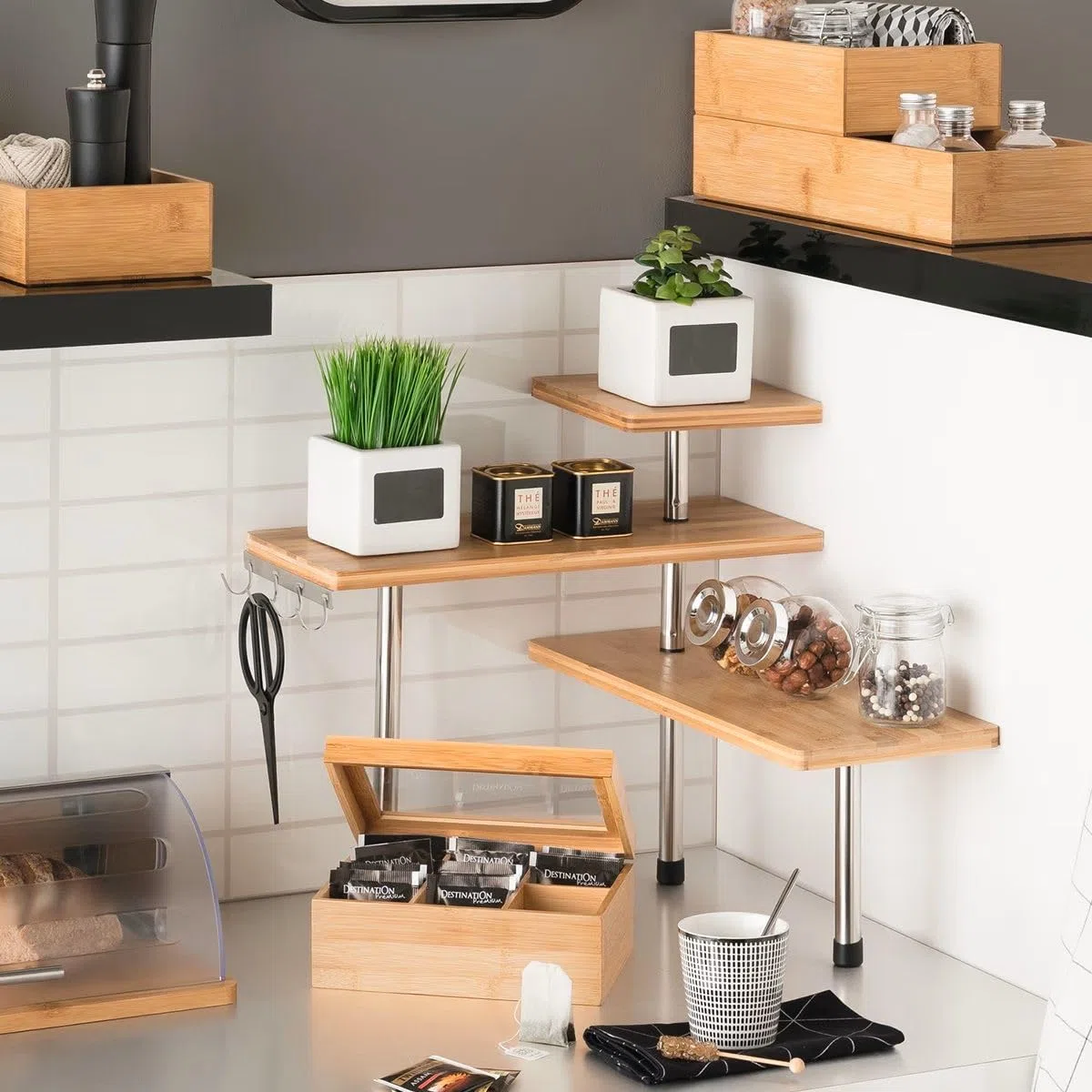 Estantería de esquina de bambú y acero inoxidable, cocina, baño o escritorio, ideal para ahorrar espacio, madera, 43,5 x 43,5 x 39 cm
