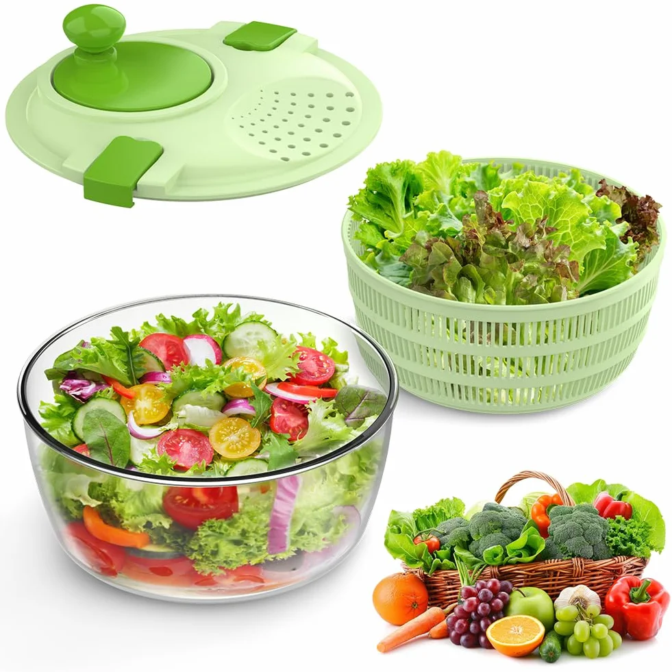 Centrifugadora Lechuga, Gran Capacidad 4,5L Escurridor Verduras, Escurridor Lechuga con Bol y Cesta de Malla, Lava y Seca Rápidamente Verduras y Frutas