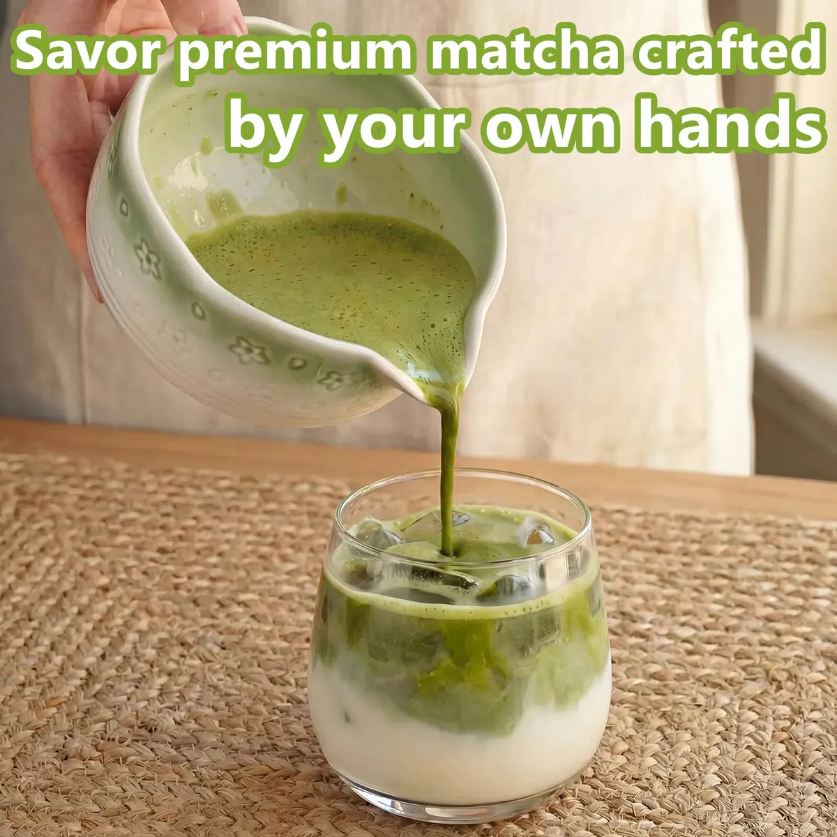 Matcha Kit 8 piezas, Kit Té Matcha Con diseño de sakura, Cuenco Matcha, Batidor Matcha, Cuchara, Tamiz, Soporte para Batidor, Kit Matcha Completo Regalo para Amantes el Matcha(Gradiente Verde)