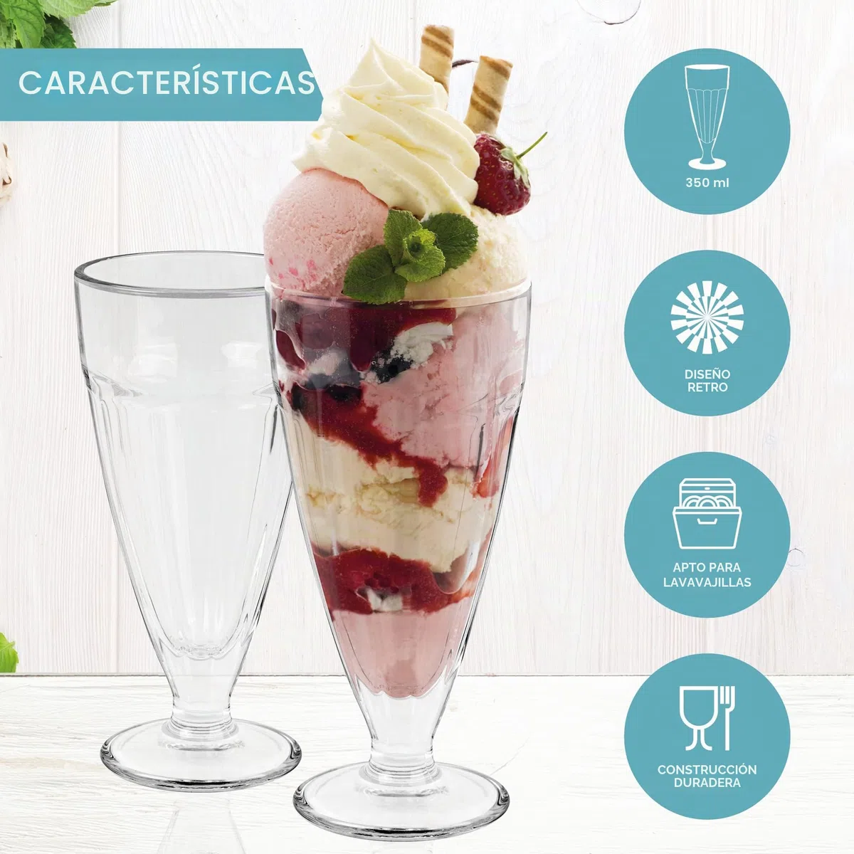 HEFTMAN Juego de 4 vasos altos de 350 ml para batidos de helado, vasos retro Knickerbocker Glory, aptos para lavavajillas, vasos transparentes (4 piezas)