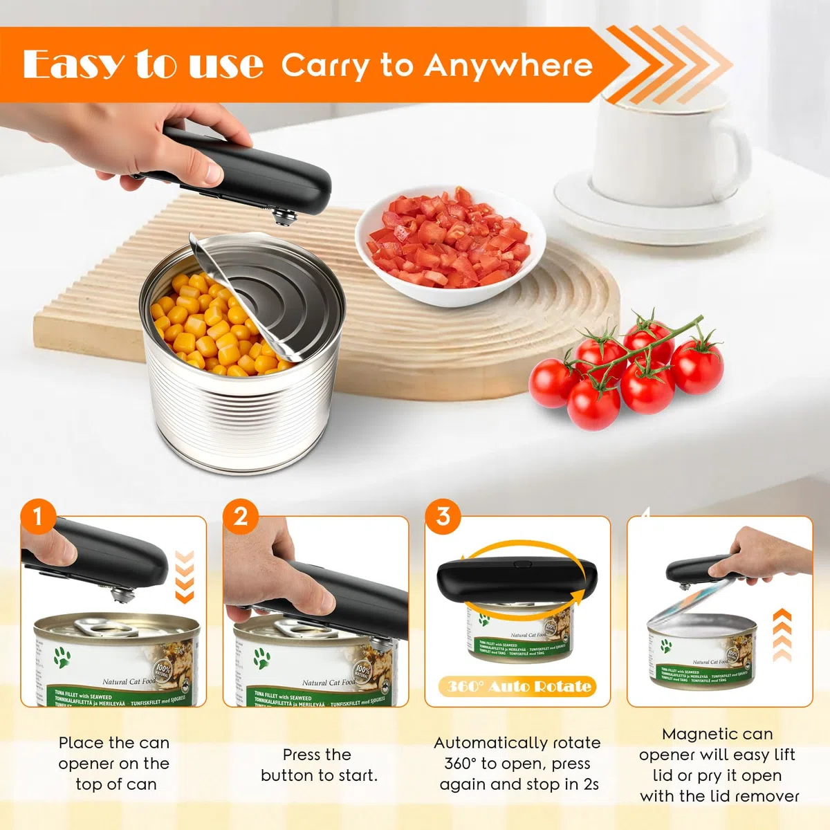 Abrelatas Eléctrico Automático, Abridor de Botes Sin Esfuerzo, Automático Detener, Corte Suave, USB Recargable Accesorio de Cocina de Manos Libres para Personas Mayores, Artritis y Cocineros
