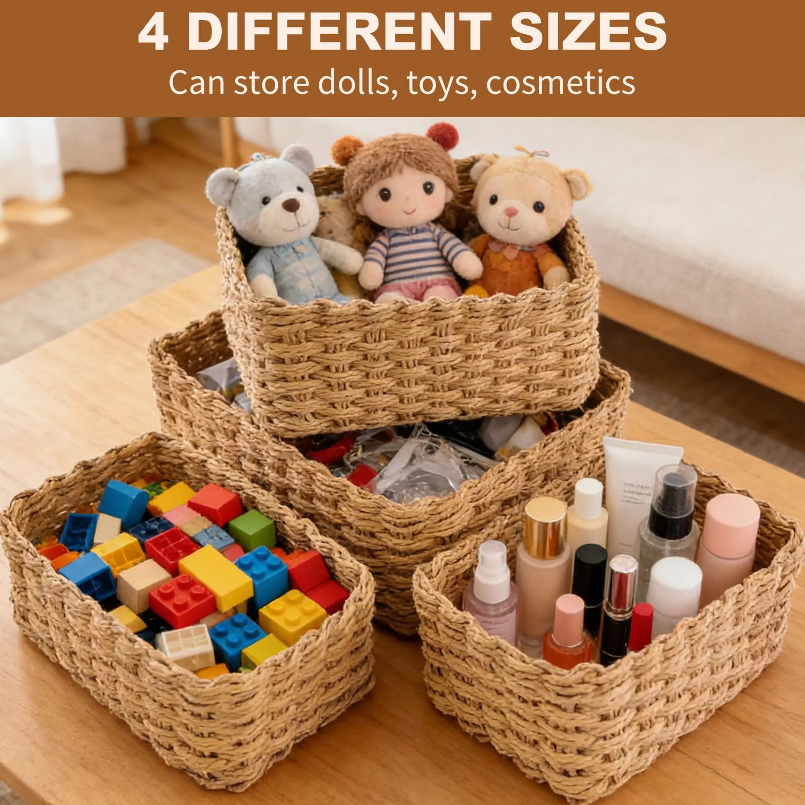4 Cestas Tejidas a Mano Cestas Rectangulares De Mimbre Versátiles, Ideales Para Organizar Estanterías, Adecuadas Para Baños, Cocinas y Oficinas, y También Perfectas Para Envolver Regalos