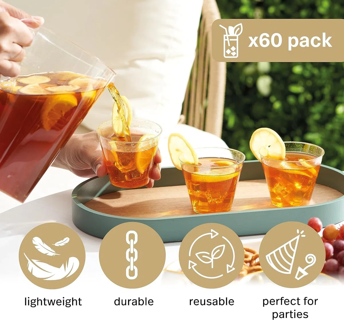 MATANA 60 Vasos de Plástico Duro Transparente con Purpurina Dorada (270ml / 9oz) - Resistentes y Reutilizables - Bodas, Cumpleaños, Navidad, Fiestas