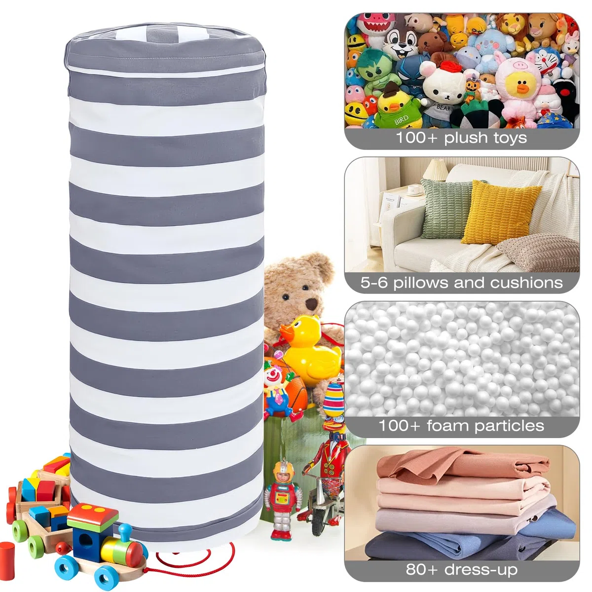 Puf multifuncional para niños, bolsa de almacenamiento para juguetes de lona, puf de almacenamiento para peluches