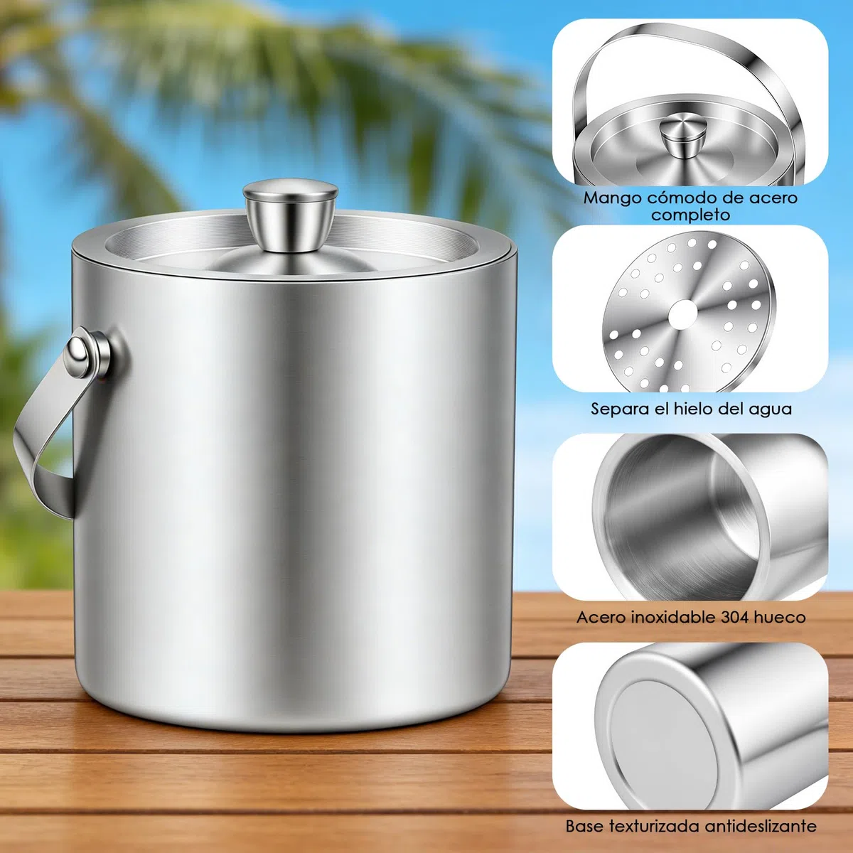 2L Cubitera con Tamiz y Pinzas Para Hielo, Cubiteras Acero Inoxidable, Para Bares, Restaurantes, Fiestas, Cerveza