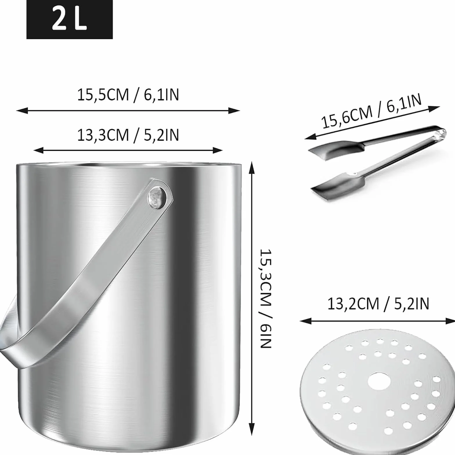 Cubitera, Cubitera Redonda con Tamiz y Pinzas Para Hielo, Recipiente Para Cubitos de Hielo de 2 Litros, Cubitera de Acero Inoxidable, Enfriador de Cubitos