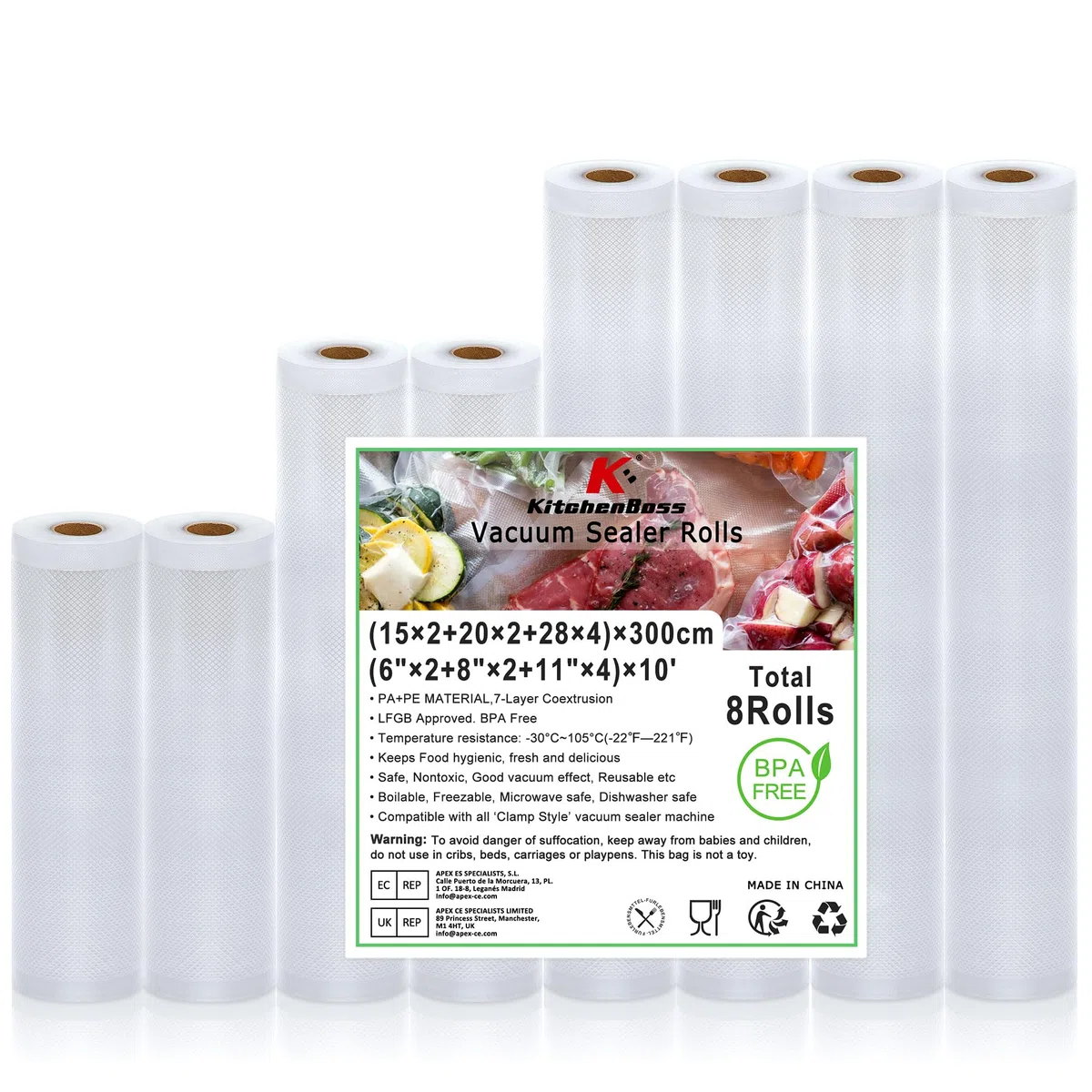 KitchenBoss Rollos Envasadora al Vacio Bolsas Envasar al Vacio Alimentos：Bolsas Vacio Alimentos Bolsas de Envasar Al Vacio para Sous Vide 8 Rollen 15x2/20x2/28x4/x300CM sin BPA