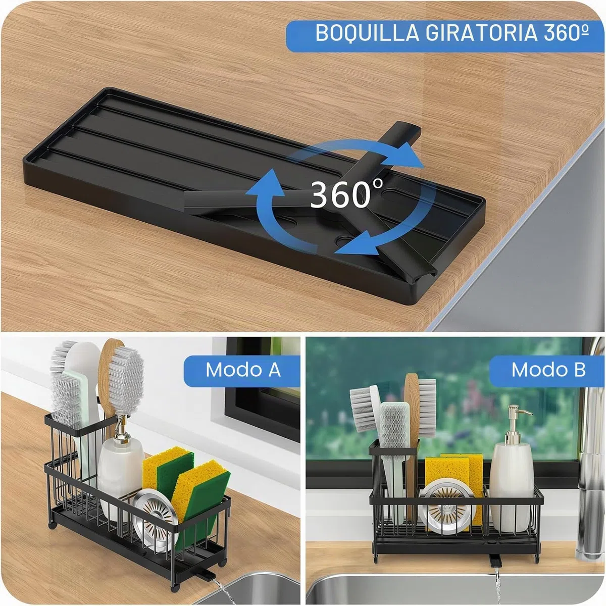 Organizador Bajo Fregadero Cocina, Soporte Esponja Cocina con Toallero, Estropajo Fregadero con Bandeja Drenaje, Porta Estropajos Almacenamiento Organizador, Negro