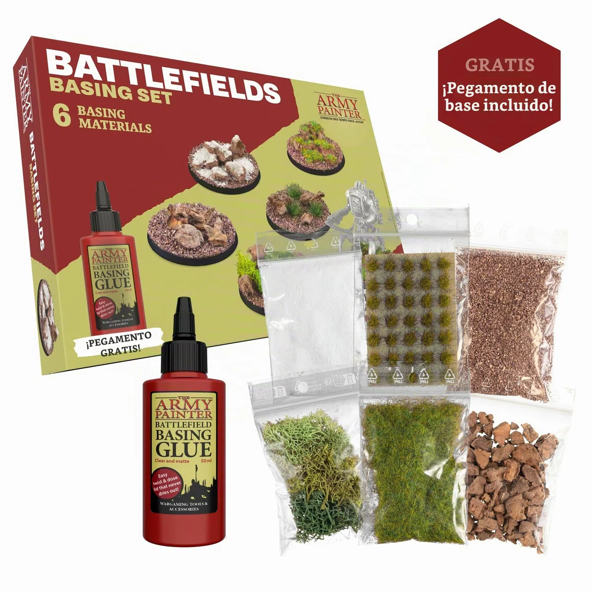 The Army Painter Battlefields Basing Set, 50ml Pegamento Miniaturas Pva, 35 Mechones Verdes, 1 Caja De Musgo, Campo De Batalla Marrón, Maleza De Verano Y Rocas De Batalla Para Warhammer 40k