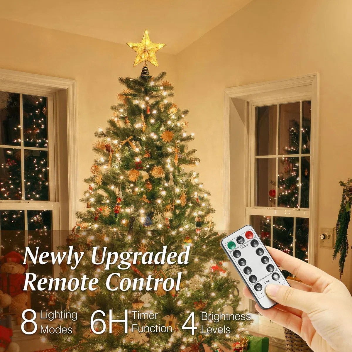 Estrella de Cinco Puntas para Árbol de Navidad, Adorno Brillante con Luces LED USB y Mando a Distancia, Oro