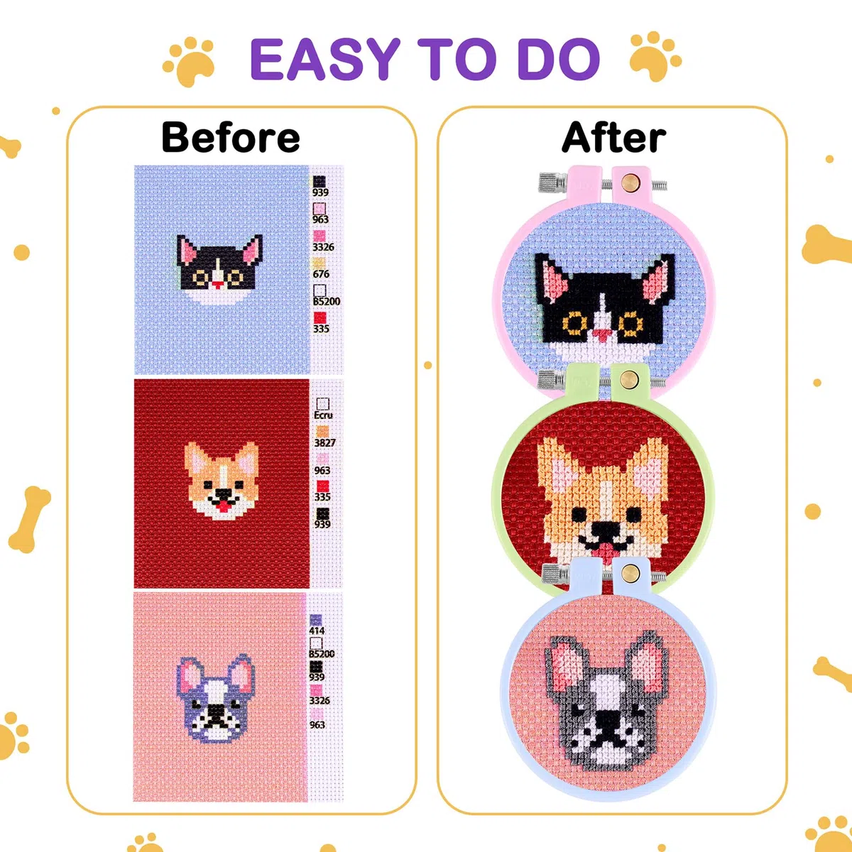 Caydo Juego de 5 kits de punto de cruz para niños con estampado de gatos y perros, para principiantes, llaveros para mochila, adornos para manualidades