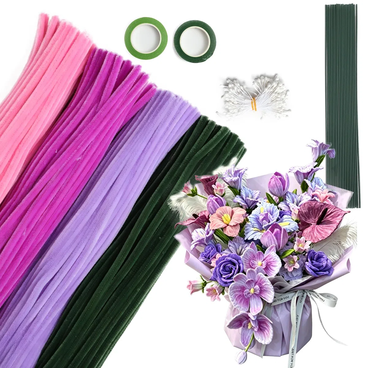 400 PCS of DIY Craft Pipe Cleaners, Bouquet Pipe Cleaners, Flower Blur Stick Craft Supplies, Craft Kit Gifts, and Pipe Cleaner Sets for Floral and Artistic Purposes (purple-4)