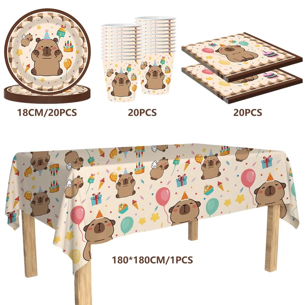 61 Pcs Juego de Vajilla para Fiesta Capybara, Dibujos Animados Vajilla Fiesta, Con Juego de Papel Platos, Manteles Accesorios de Vajilla para Fiestas Infantiles para 20 personas (A)