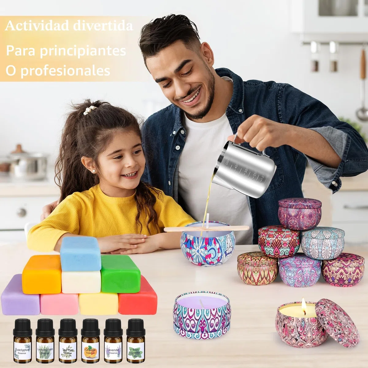 LDUMODUW Kit Para Hacer Velas Aromáticas Fabricacion, Kit Velas Set de Regalo Con 480g Cera de Soja Para Velas, 6 Aceites Esenciales, Mechas u Crisol de 550 ml, Kit Manualidades Adultos